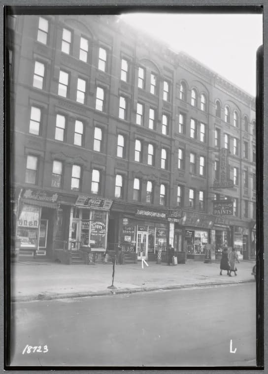 Tenements & storefronts; Clark's Barber Shop & Billiards; Gem Hardware: 468-474 Lenox Av-W 133 St-W 134 St, Manhattan, 1938