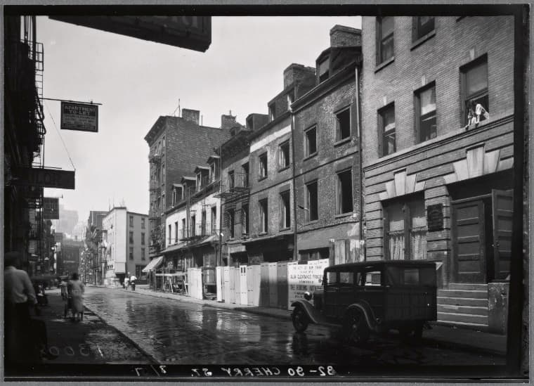 Salvation Army Settlement House and condemned buildings: 82-90 Cherry St-James St-Oliver St, Manhattan, 1934