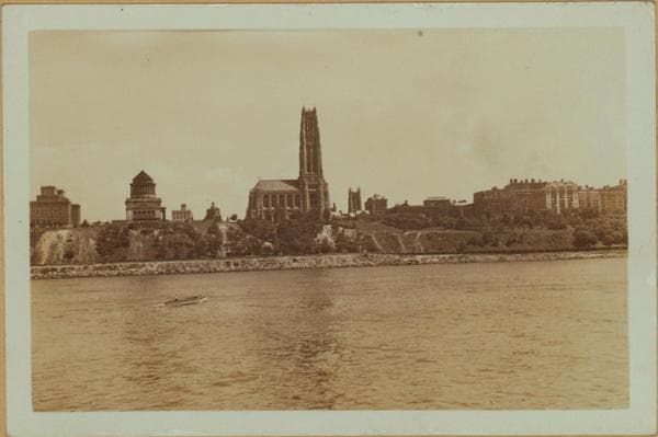 North (Hudson) River - Shore and skyline - Manhattan - 59th Street - George Washington Bridge - [Riverside Baptist Church - International House of Columbia University.], 1925–1934