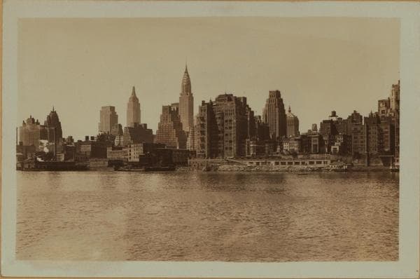 East River - Shore and skyline of Manhattan between East 45th and 51st Streets - Williamsburg and Queensborough Bridges., 1933