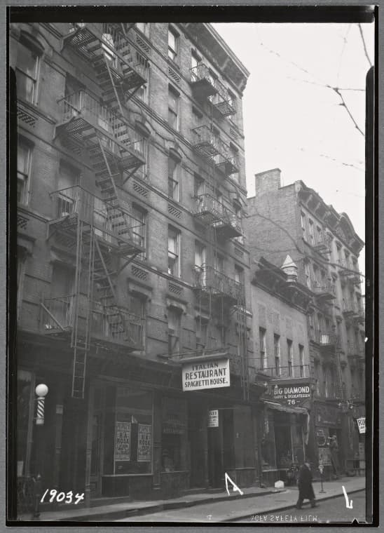 Tenements & storefronts; Big Diamond Dairy; Italian Rest Spaghetti House: 76 Catherine St-Oak St-Cherry St., Manhattan, 1938