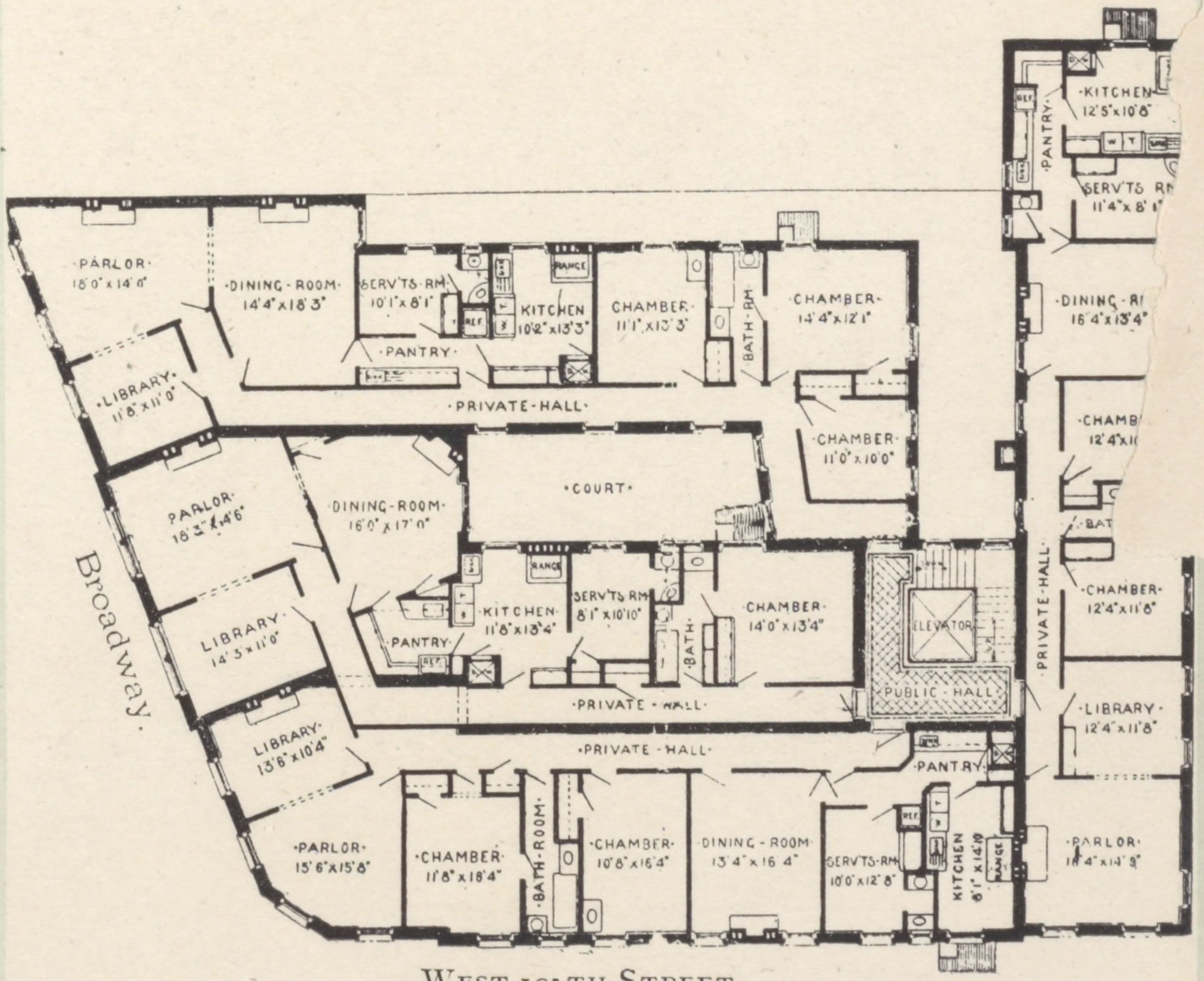Miscellaneous apartments. The Fontainbleau, 1851 Seventh Avenue, southeast corner 113th Street and Seventh Avenue; Typical floor plan; The Ridgewood, northeast corner 107th Street and Broadway, facing Schuyler Square; Typical floor plan; The Chantilly, 1855th Seventh Avenue, northeast corner of 113th Street; Typical floor plan.