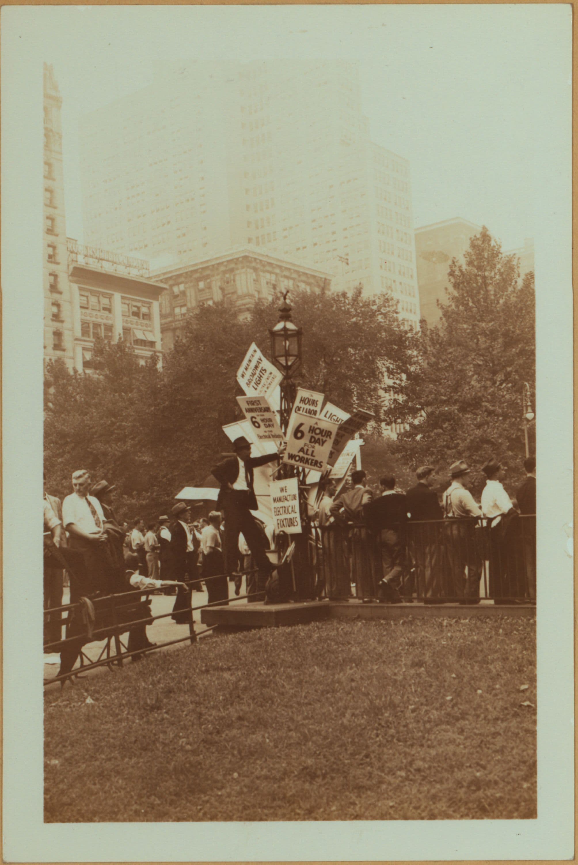 Strikes and demonstrations - Electrical workers [celebrating anniversary of their six-hour-day - City Hall Park.]