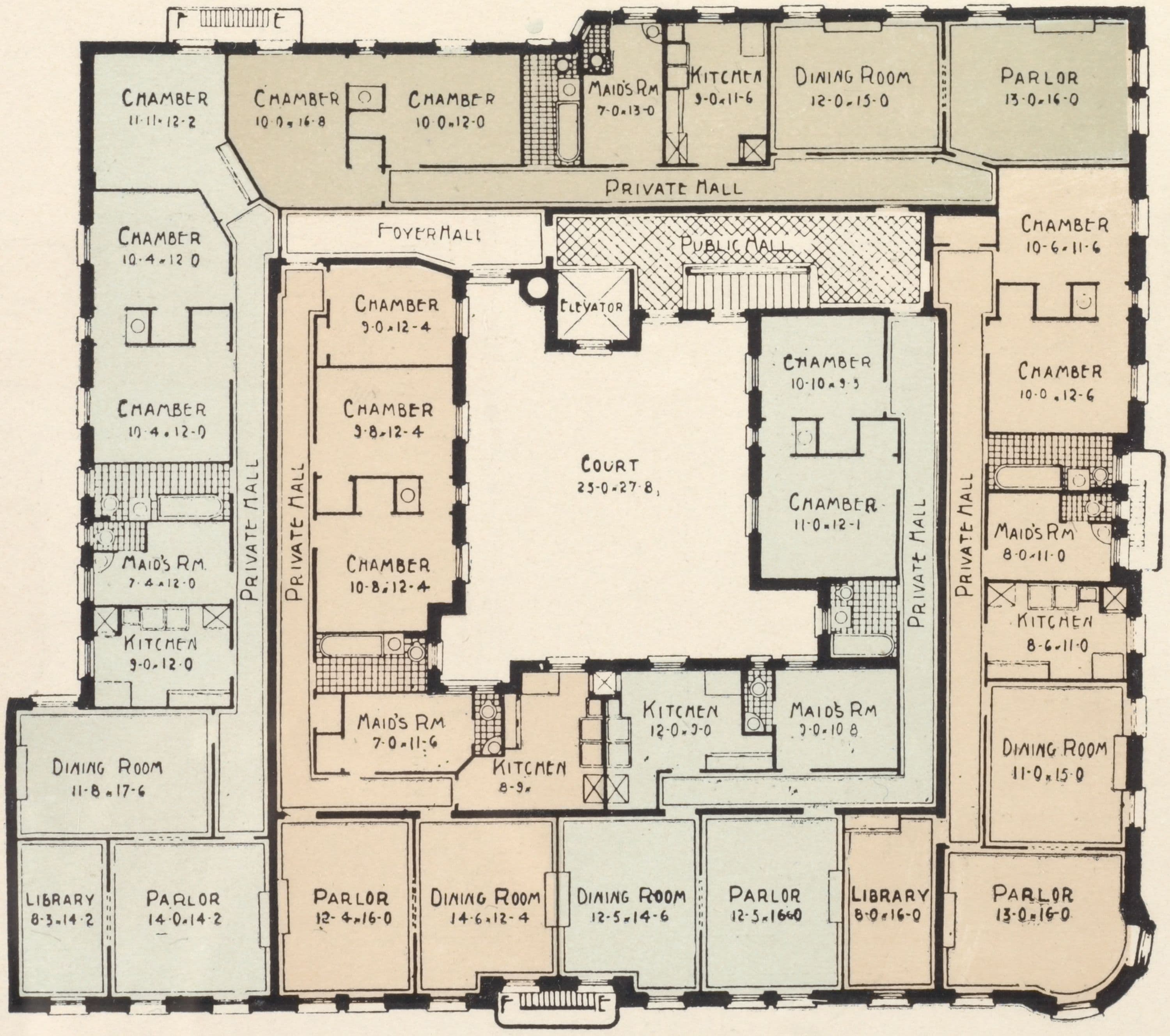 Washington Court, northeast corner Broadway and 143rd Street. Plan of first floor; Plan of upper floors., 1908