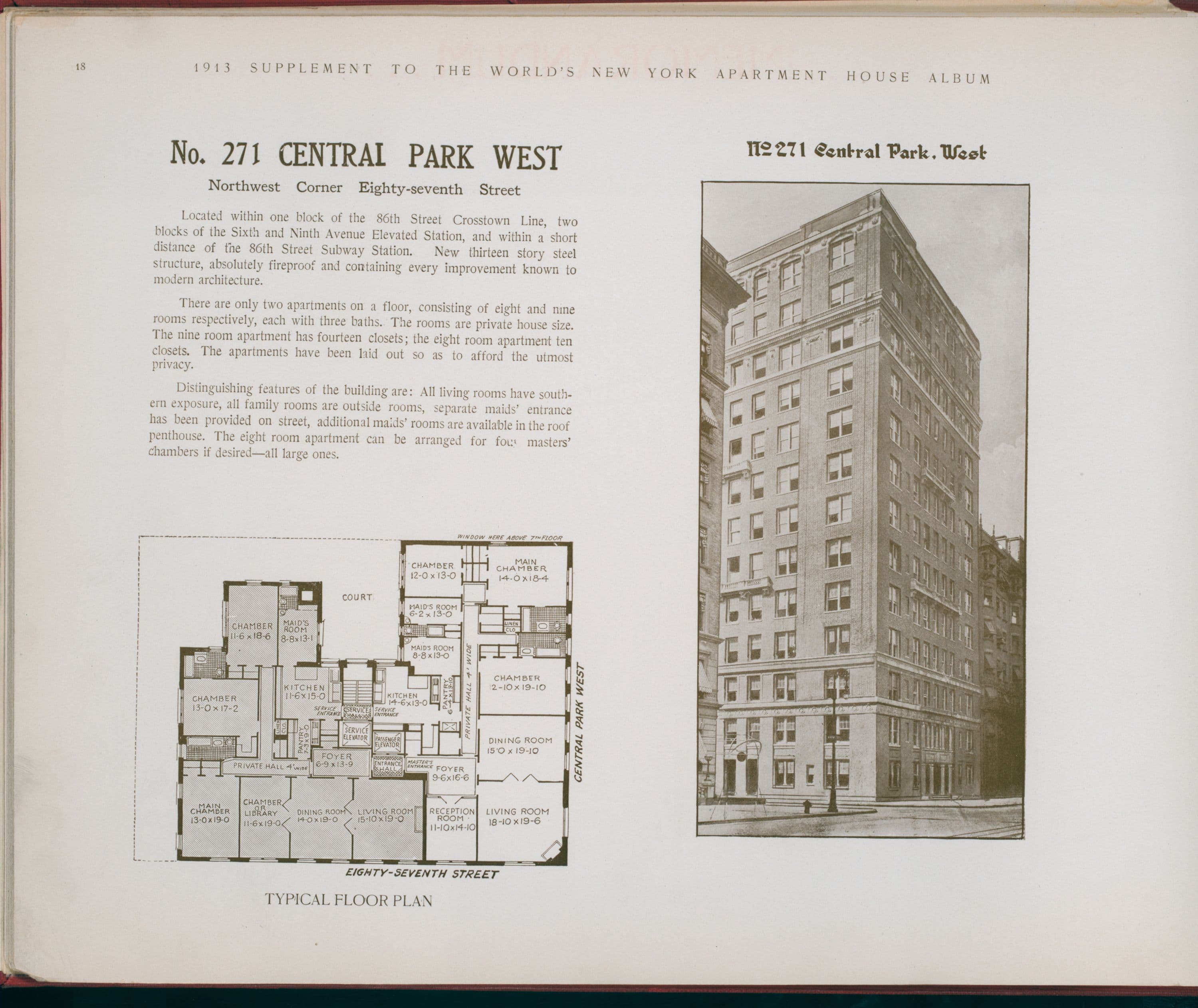 No. 271 Central Park West. Northwest Corner Eighty-seventh Street.
