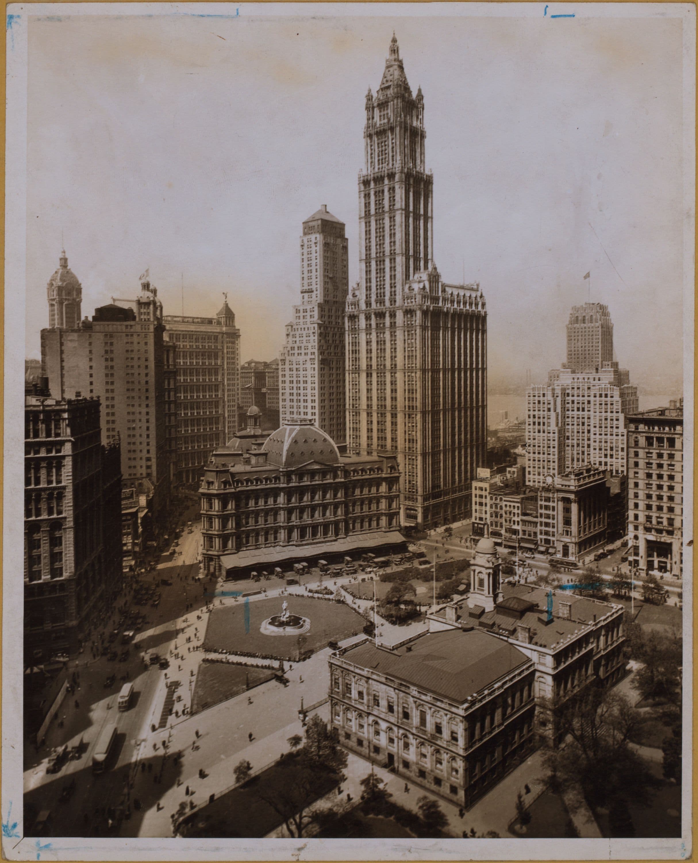 Manhattan: City Hall Park - [View of upper downtown skyline.]