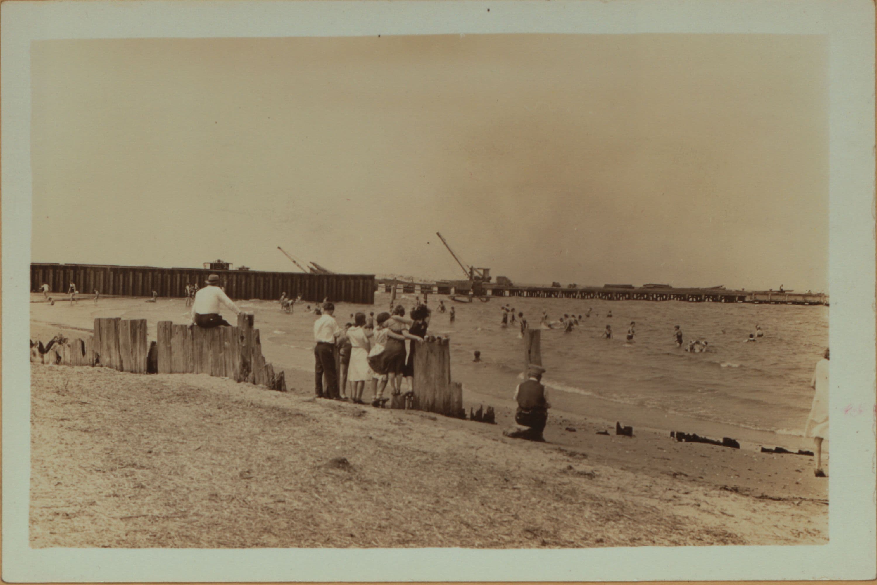 Islands - Barren Island - Bathers near dyke for new airport fill - [Rockaway Pier.]