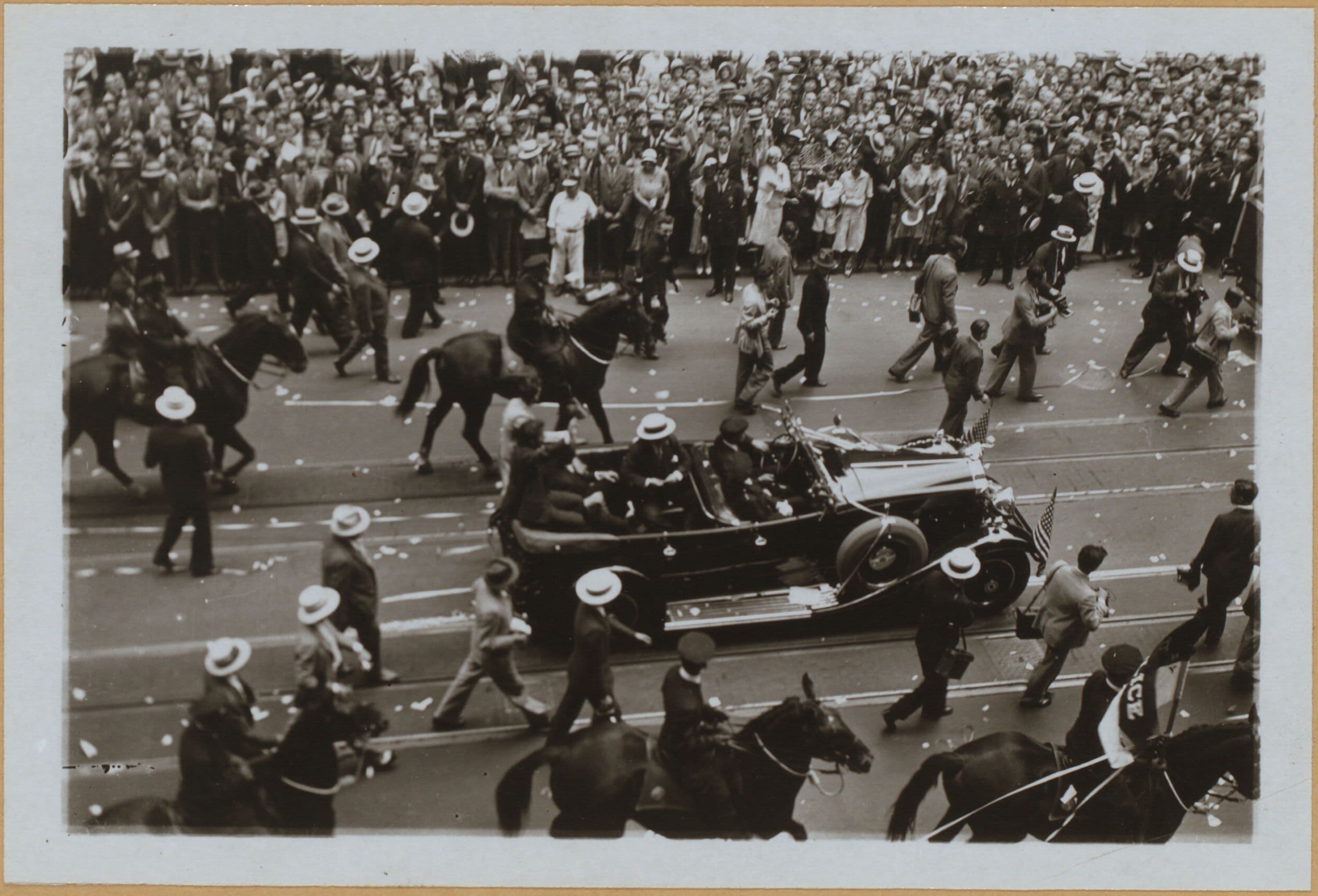 Manhattan: City Hall Park - City Hall building in gala attire for reception of Amelie Earhart.