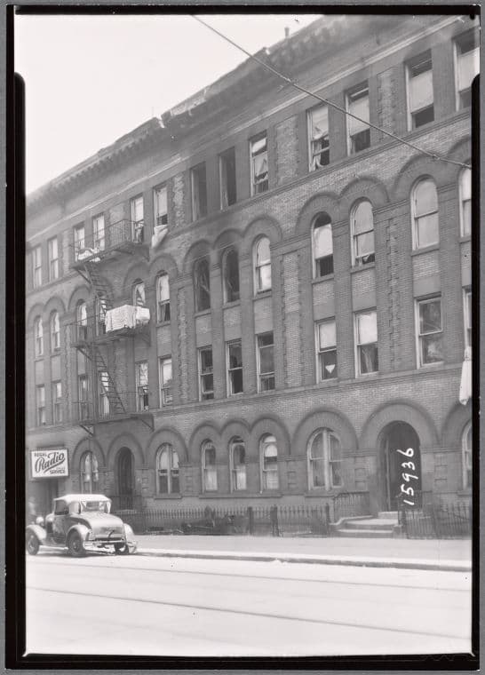 Row houses with fire damage; Regal Radio Sales & Service: Kingston Ave. - Atlantic Ave., Brooklyn