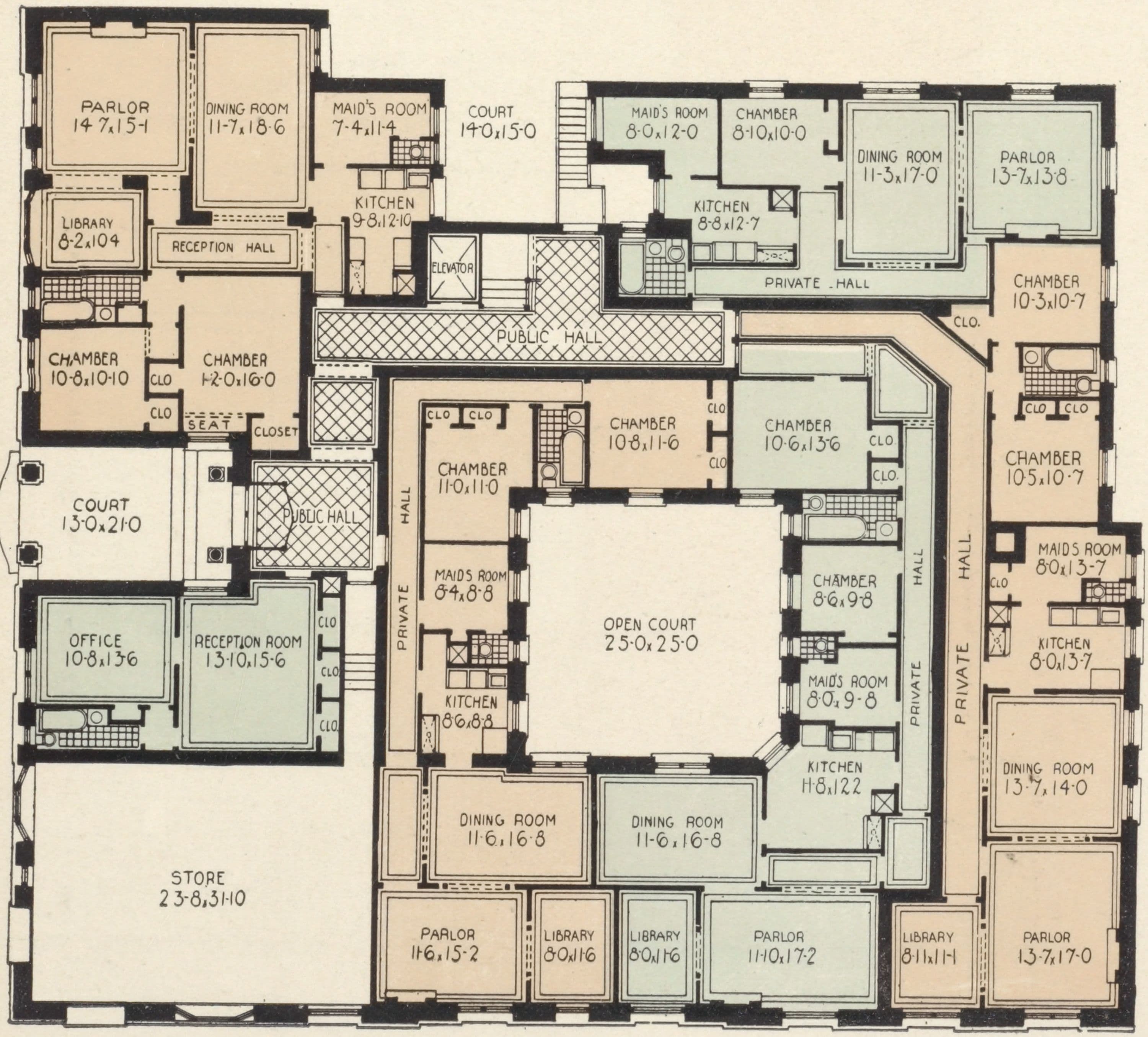 The Mount Morris, northeast corner of Fifth Avenue and 126th Street; Plan of first floor; Plan of upper floors.