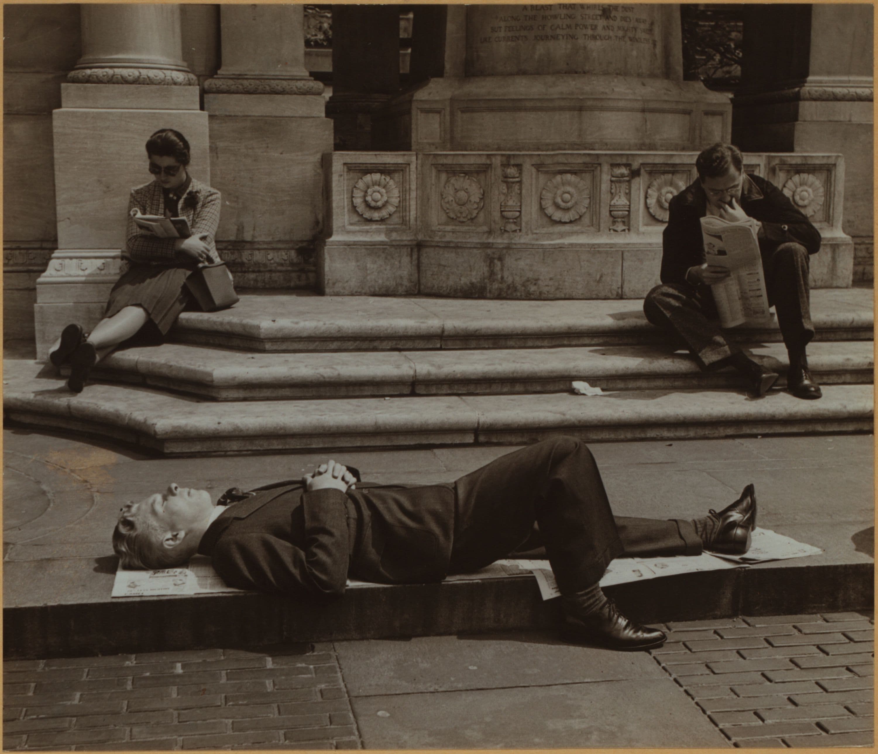 Street scenes - [Sunbathing in Bryant Park, near Cullen Bryant Monument.]