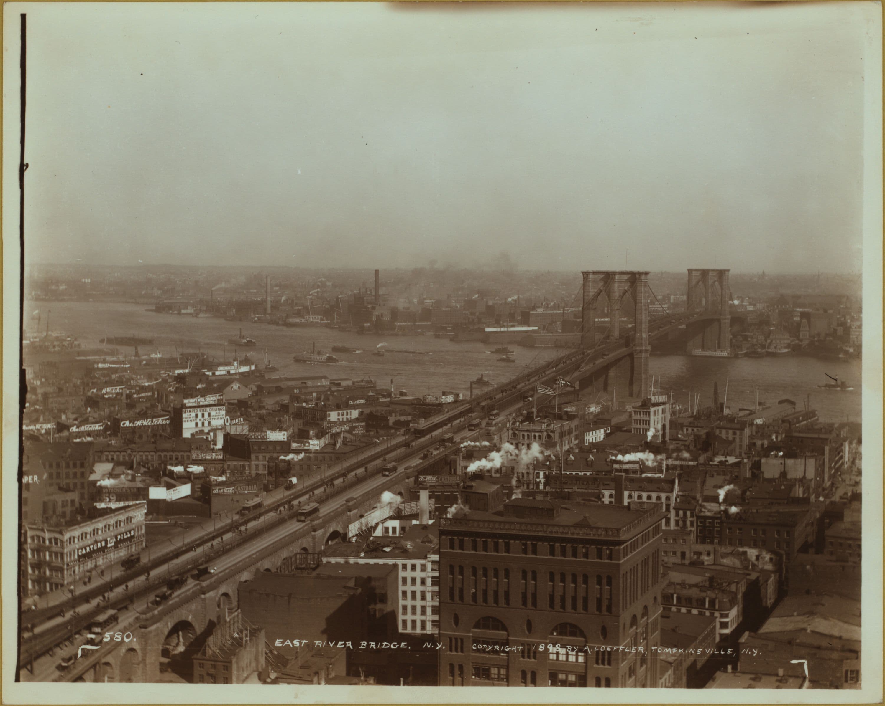 Bridges - Brooklyn Bridge - [View of the bridge spanning the East River between Manhattan and Brooklyn.]