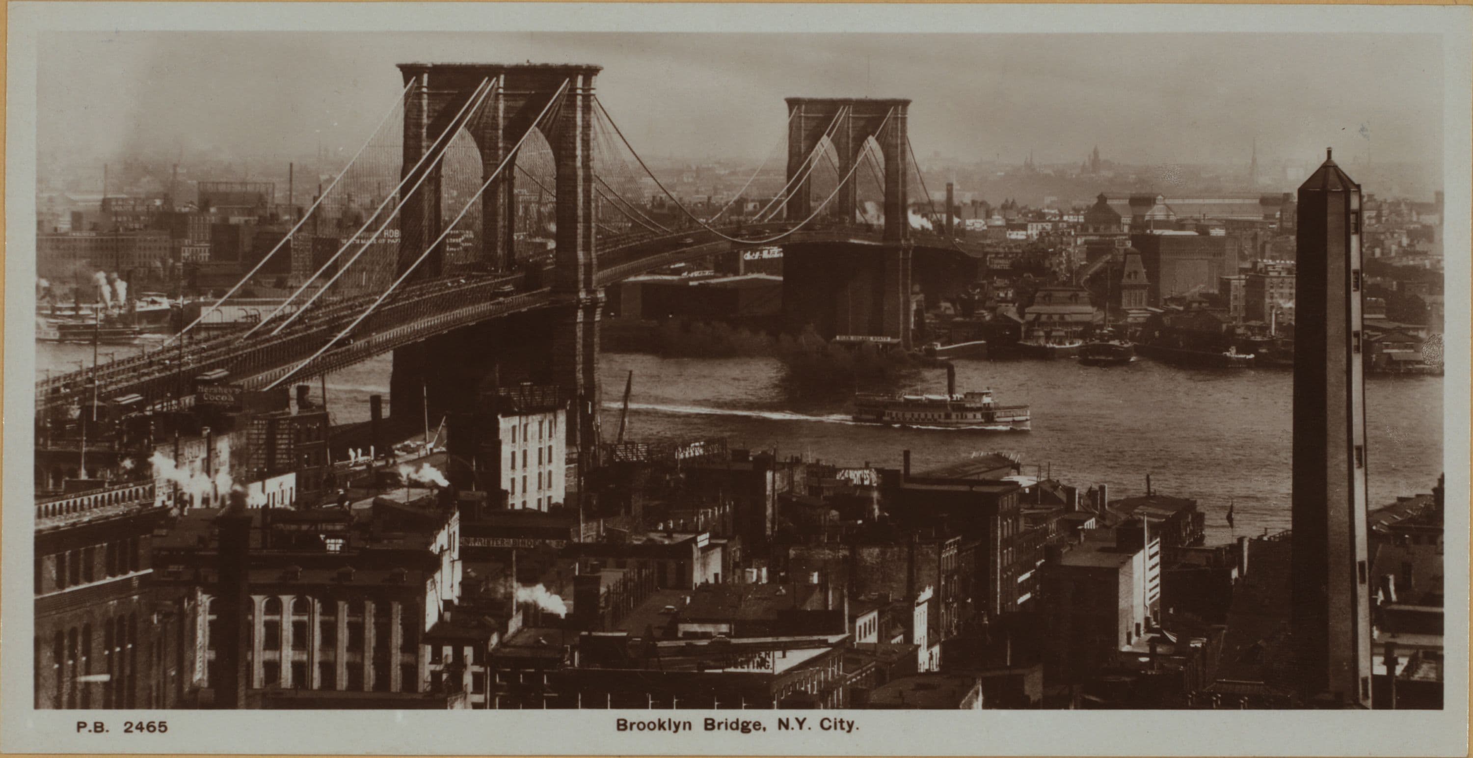 Bridges - Brooklyn Bridge - [View of the bridge, spanning the East River between Manhattan and Brooklyn.]