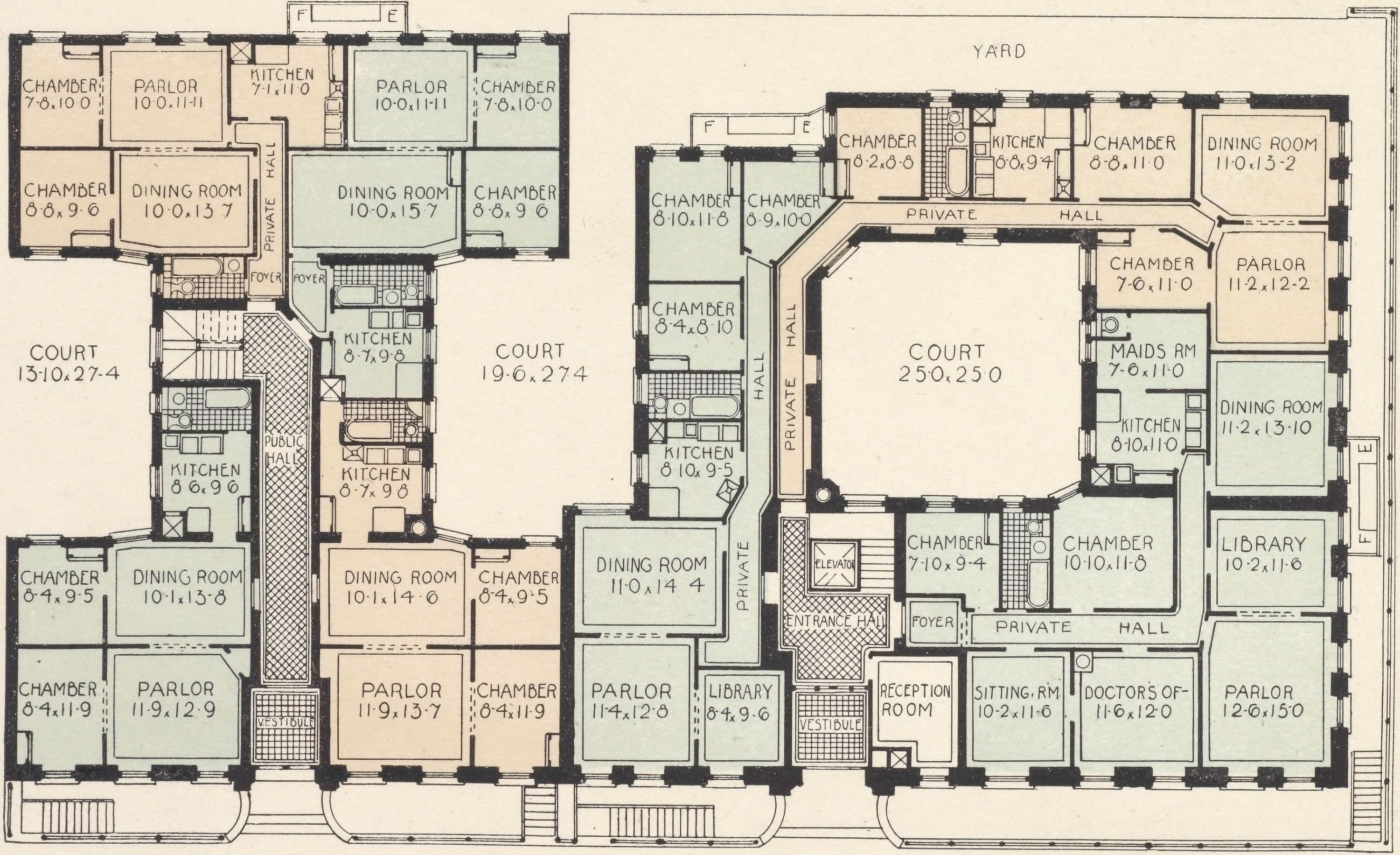 The St. Cloud (six-story elevator apartment house), The Fernwood (five-story non-elevator apartment house), northeast corner Prospect Avenue and 164th Street, Bronx; Plan of first floor; Plan of upper floors.