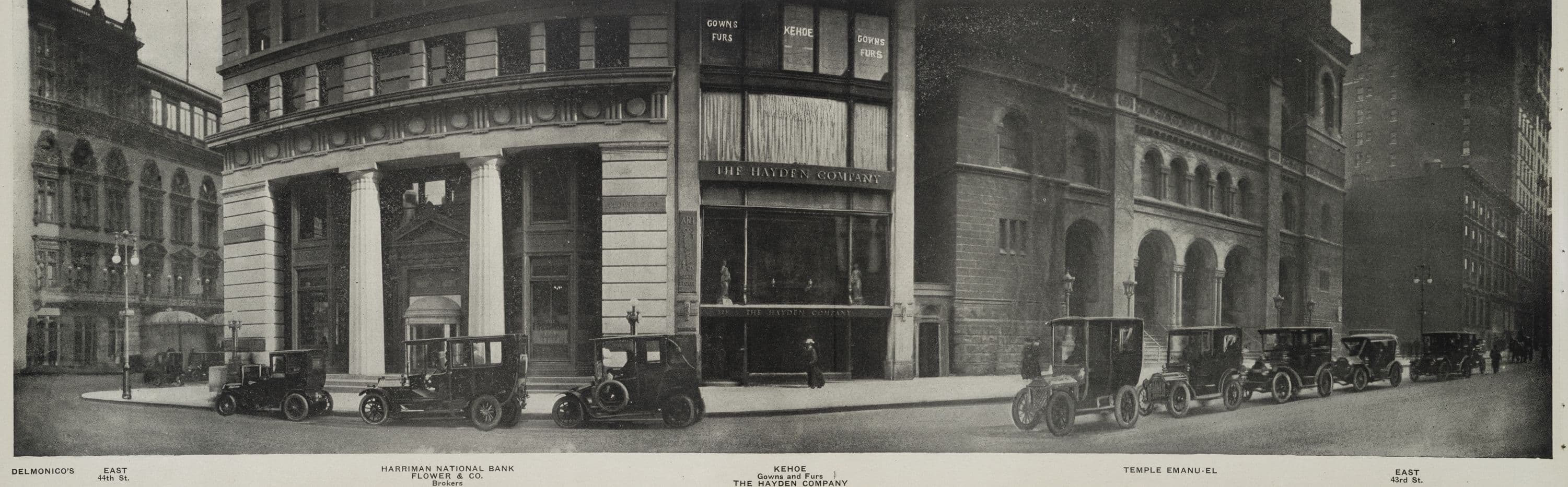 East 43rd St. - Temple Emanu-el - Harriman National Bank - East 44th St. - Delmonico's.]