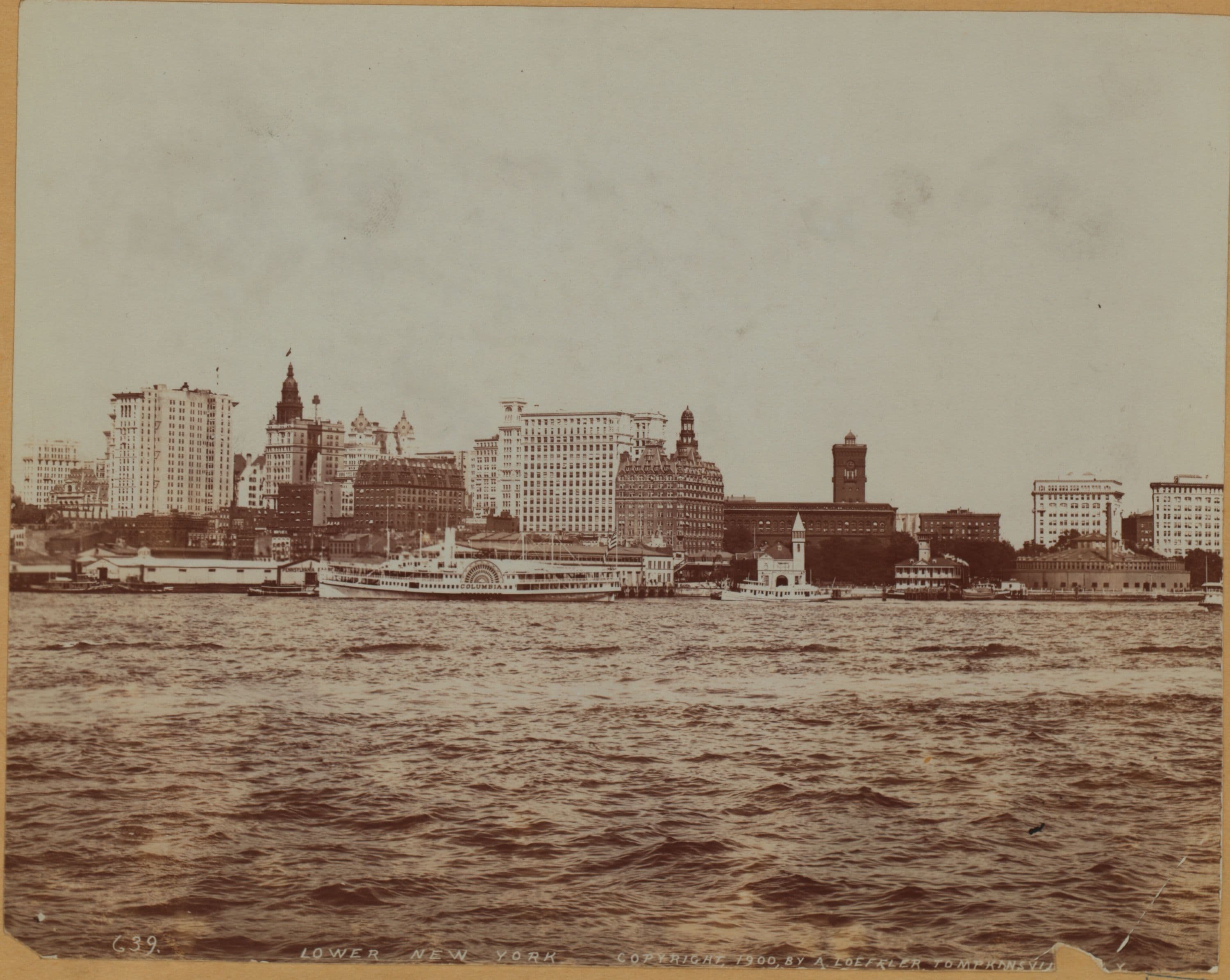 North (Hudson) River - Shore and skyline - Manhattan - Battery - 14th Street - [American Surety Company ; New York Aquarium ; New York Produce Exchange ; Union Trust Company ; Washington Building ; Battery Park Building ; Bowling Green Building ; Chesebrough Building.]