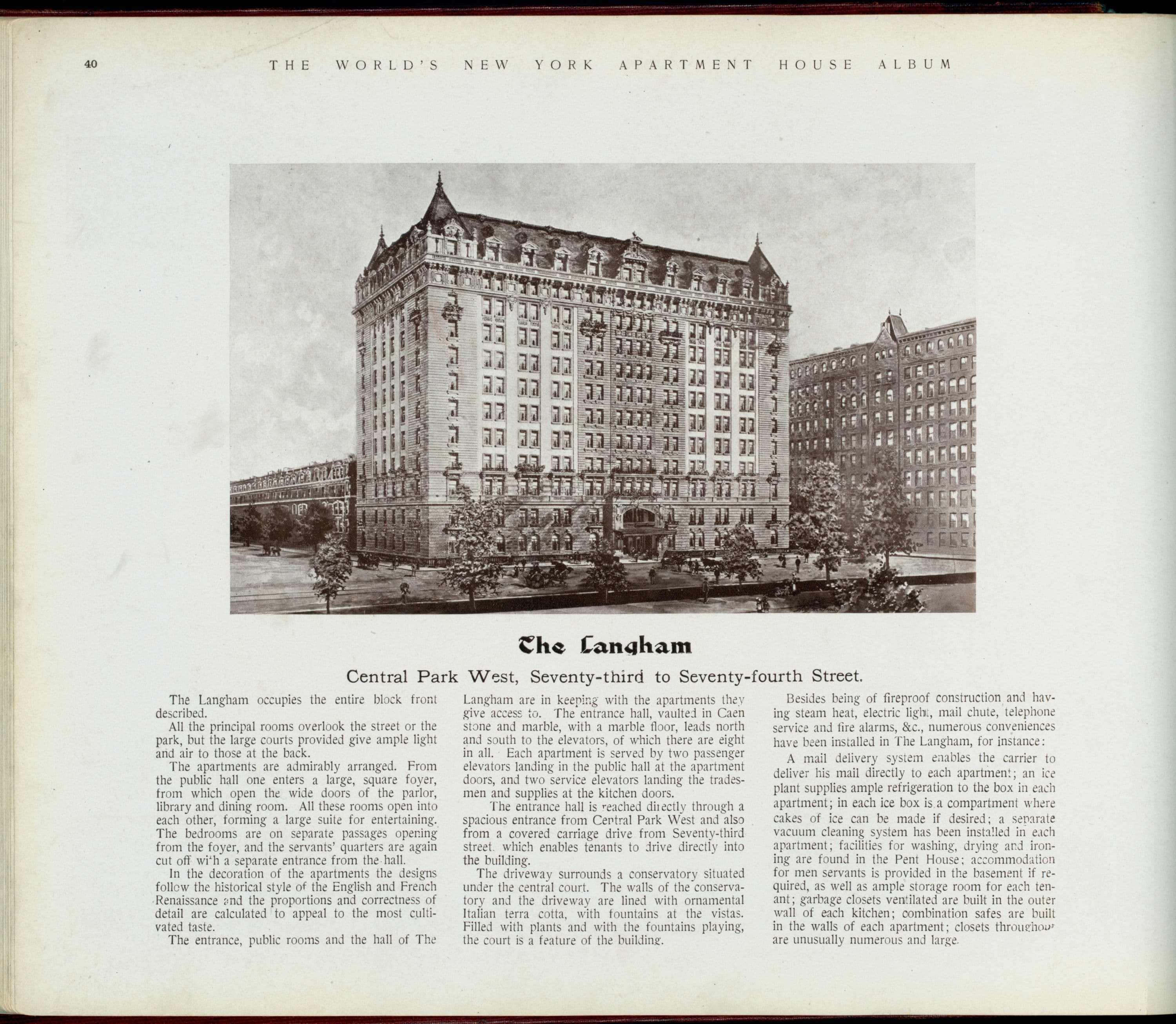 The Langham. Central Park West, Seventy-third to Seventy-fourth Street.