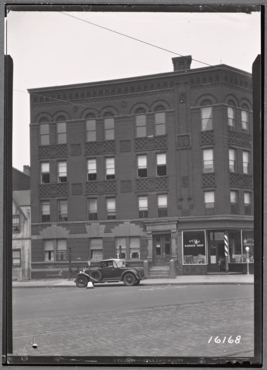 Small apartment building; Pete's Barber Shop (P. J. Sperlong?): 1207 Jackson Av-47th Rd-48th Av, Queens , 1936