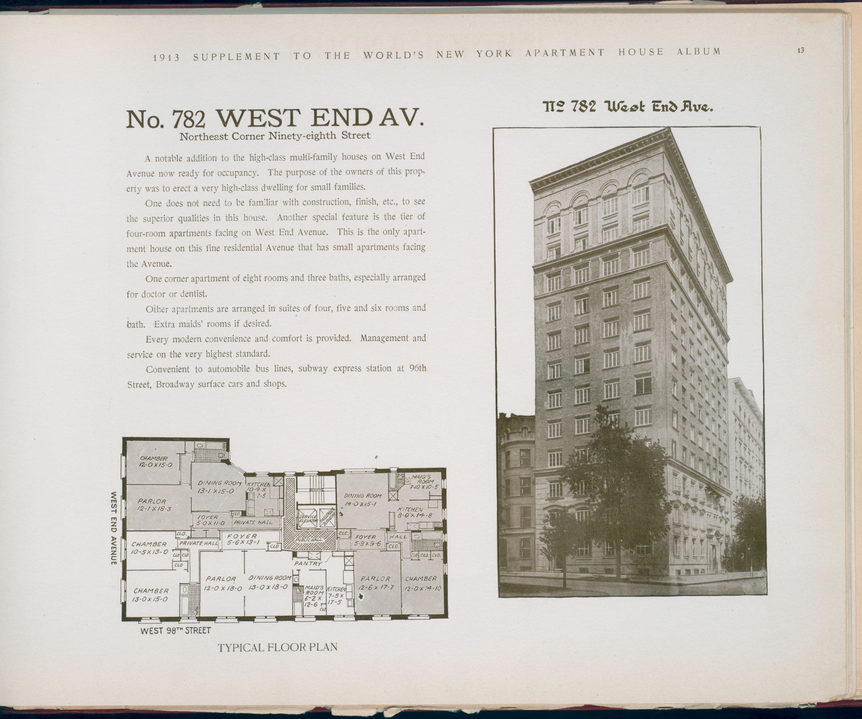 No. 782 West End Avenue. Northeast Corner Ninety-eighth Street.