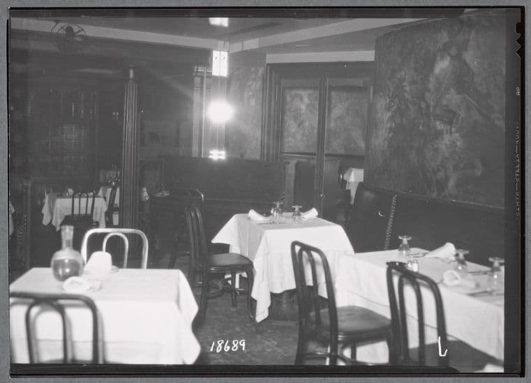 Interior views of Café des Artistes restaurant with murals: 1 W. 67th St. - Central Park West, Manhattan, 1938