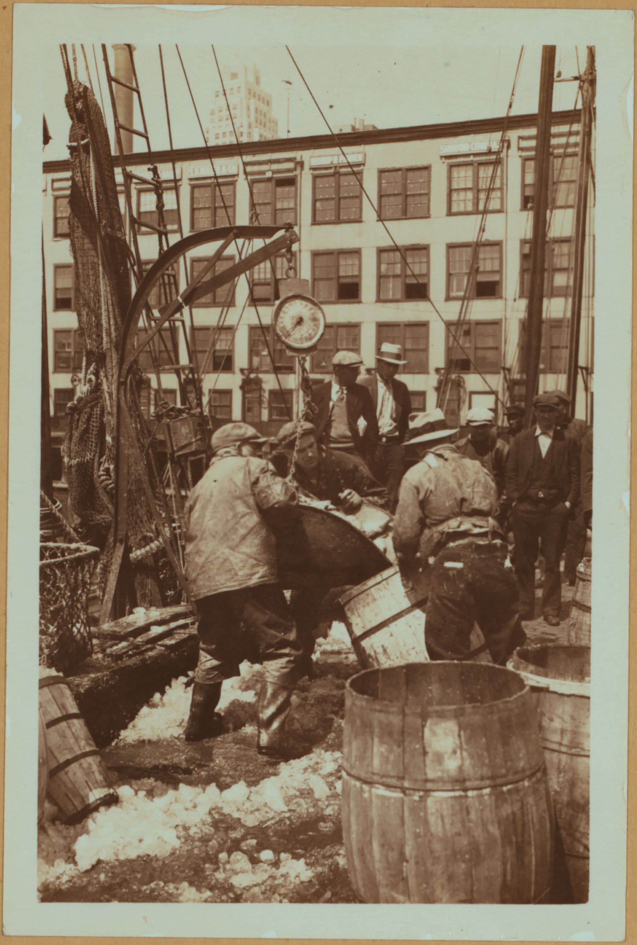 Fulton fish market docks in Manhattan - [Hoisting fish from schooner.]