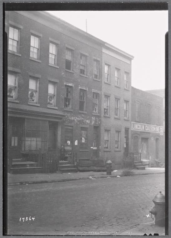 Tenement row (front view #17563), Lincoln Calsomine Co.: 30 Hudson Ave - John St., Brooklyn