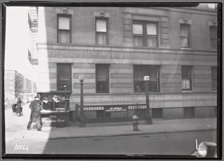 West Land apartment building; Subway entrance, Policeman, newstand: 723 W. 177th St-Ft. Washington Av, Manhattan