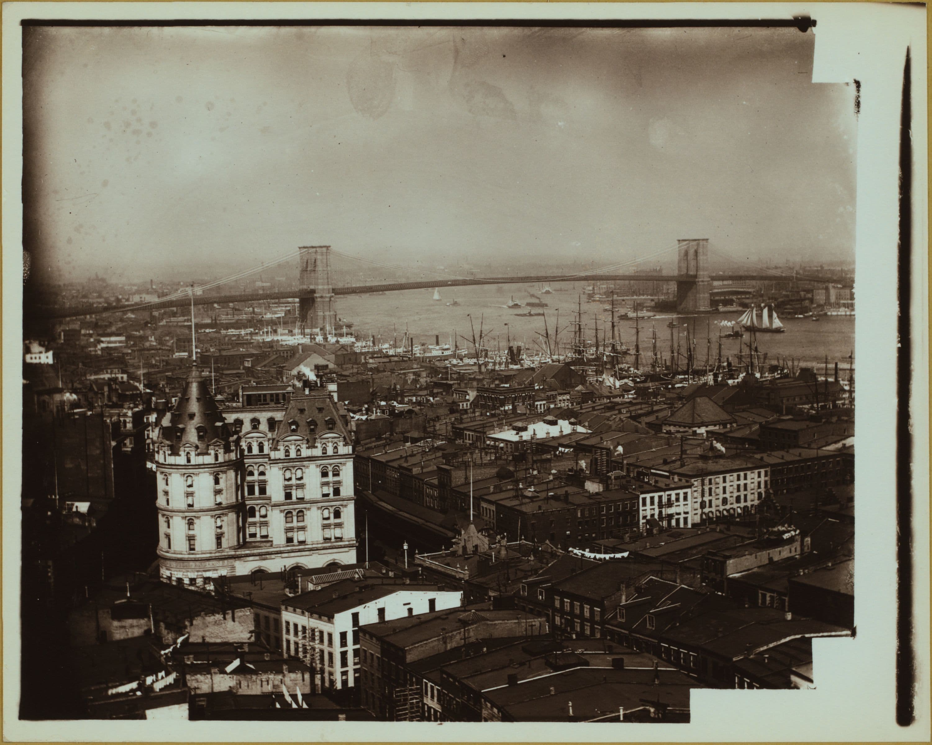 Bridges - Brooklyn Bridge - [View of the bridge spanning the East River between Manhattan and Brooklyn.]