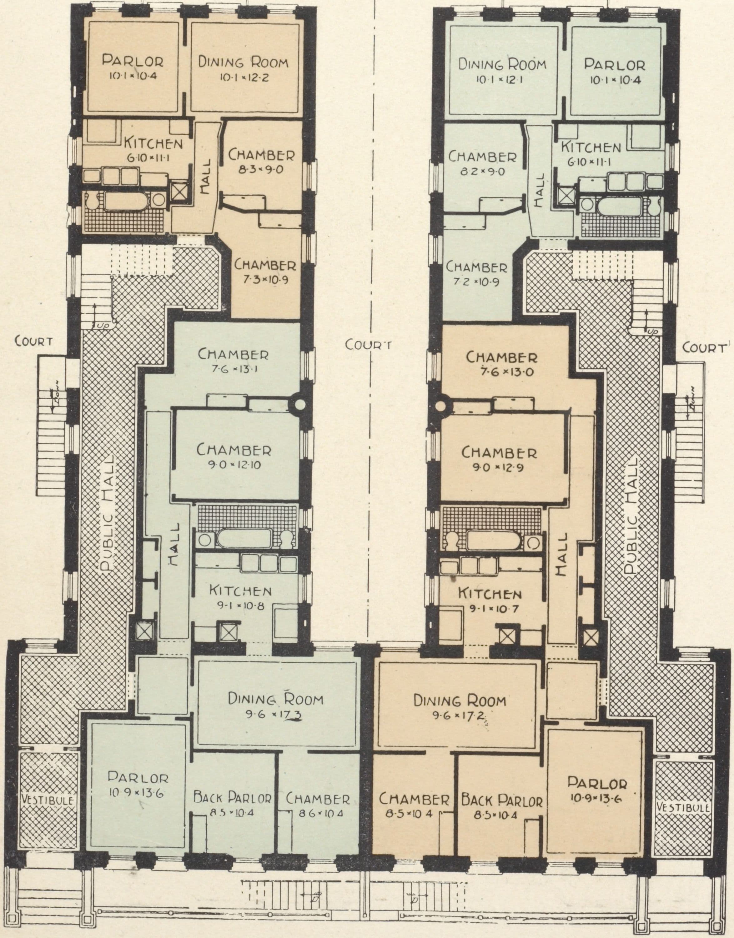 The Prescott and the Bancroft, 420 and 424 West 146th Street; Plan of first floor; Plan of upper floors., 1908