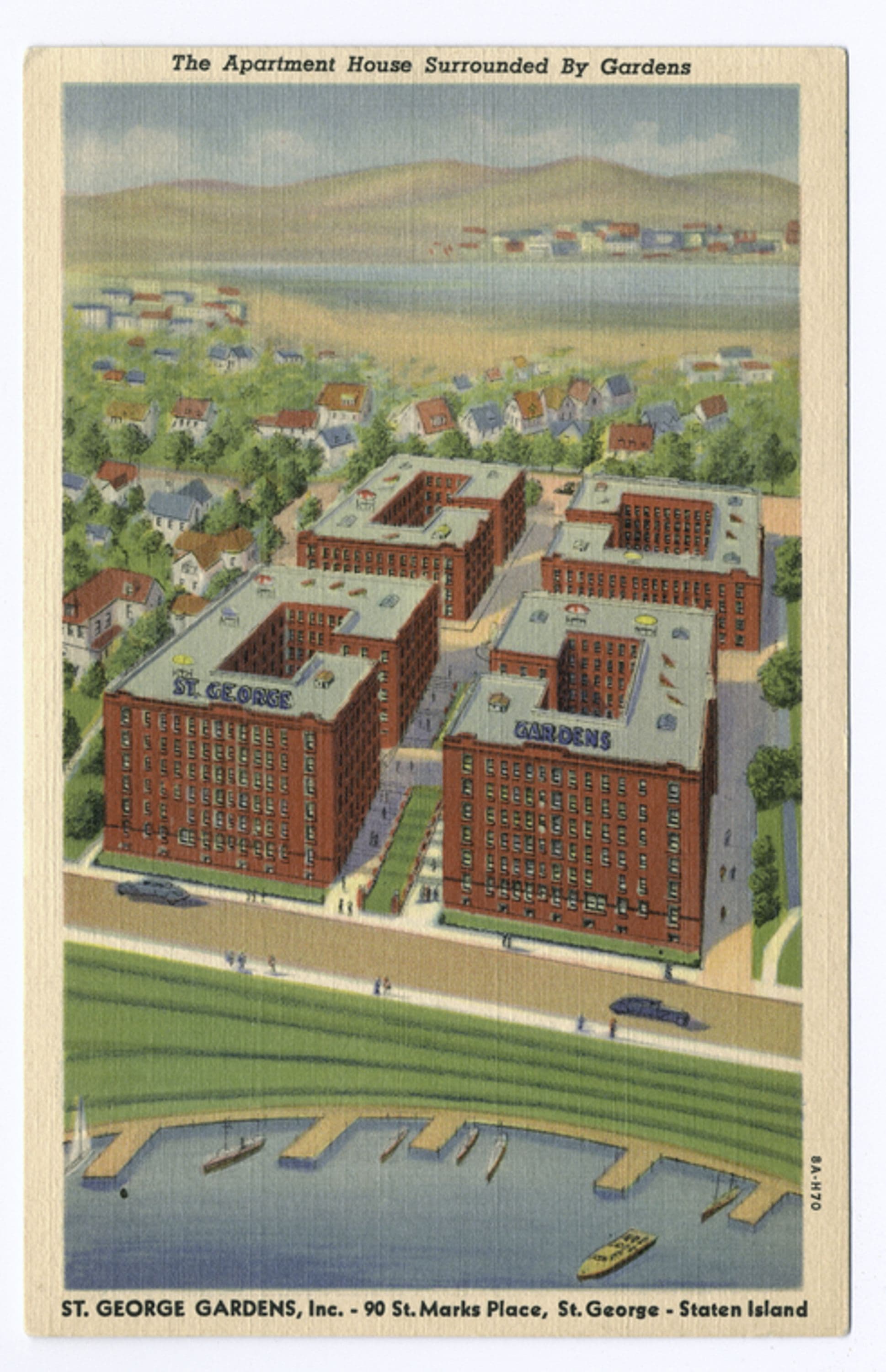 The Apartment House Surrounded By Gardens, St. George Gardens, Inc. 90 St. Marks(sic) Place, St. George, Staten Island [advertising text on back.]