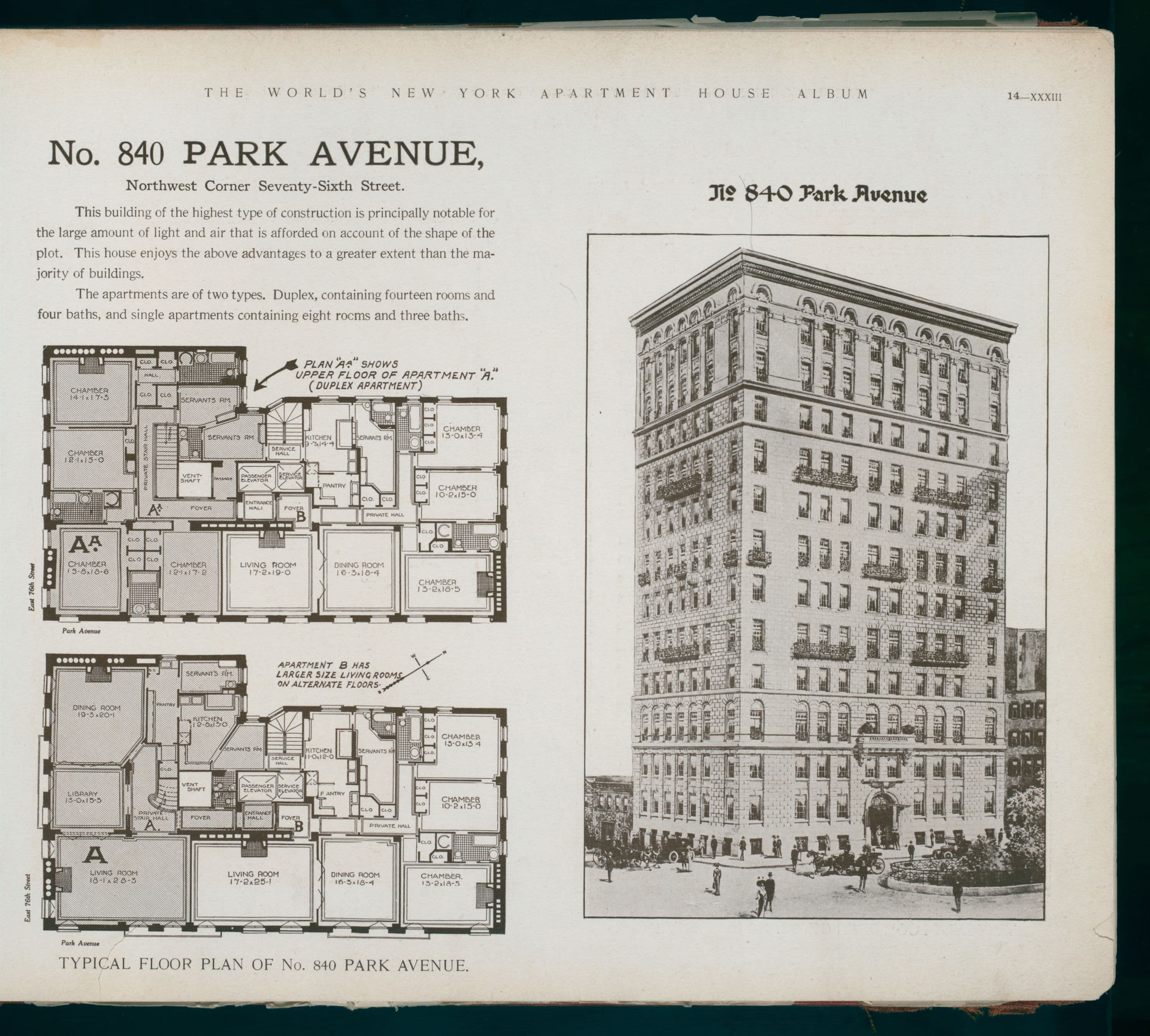 No. 840 Park Avenue. Northwest Corner Seventy-Sixth Street.