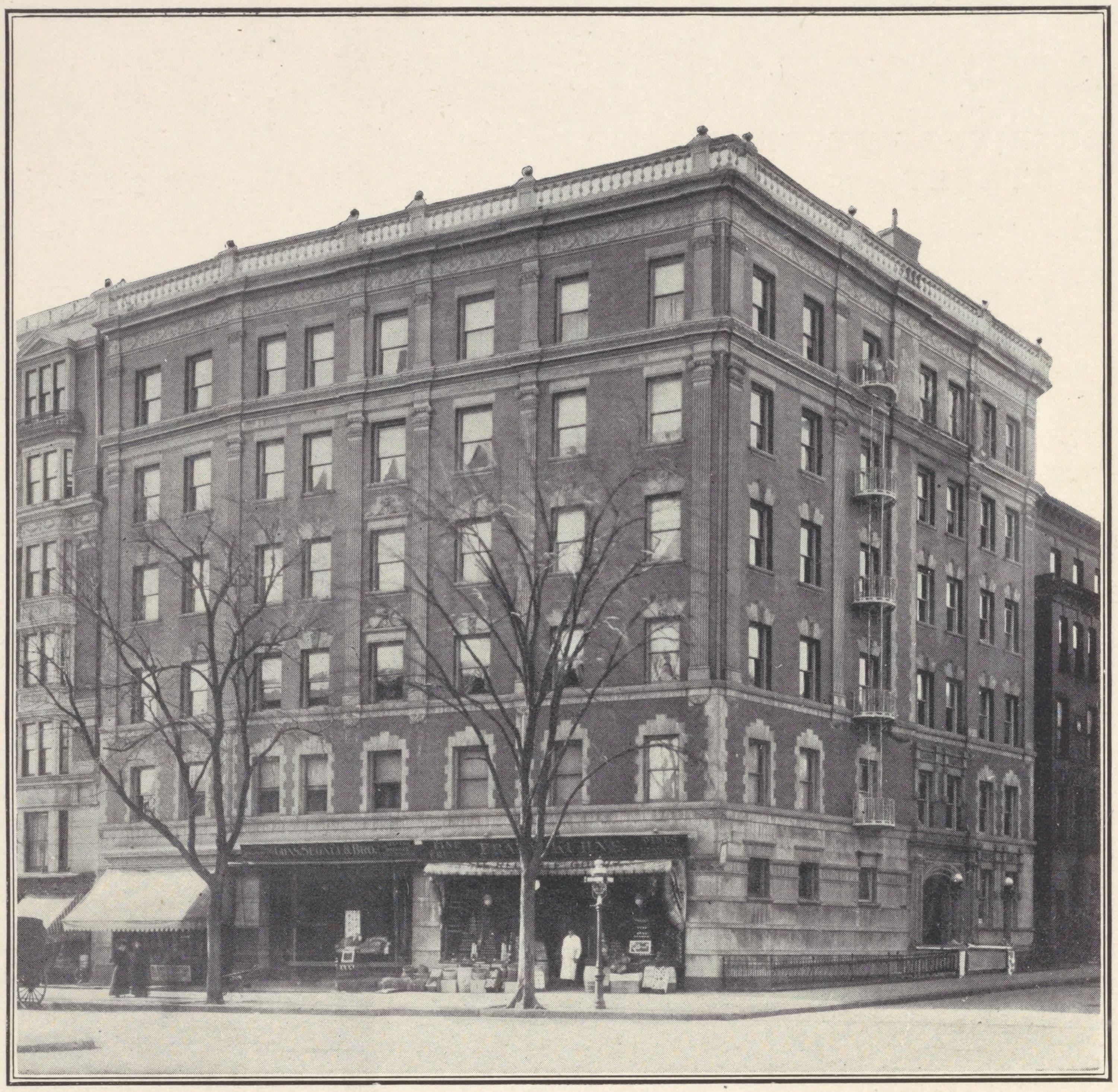 The Elizabeth, southwest corner Broadway and 105th Street; Plan of first floor; Plan of upper floors., 1908