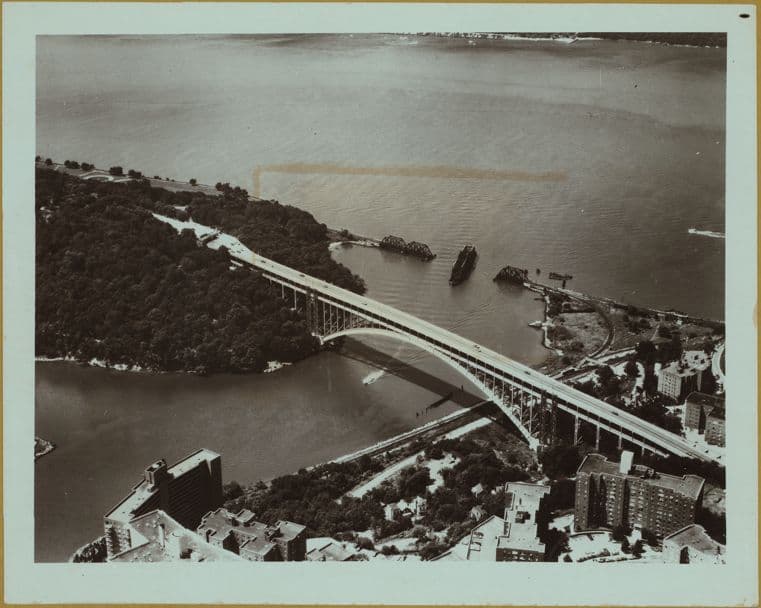 Bridges - Henry Hudson Bridge - [General view of Henry Hudson Bridge, Harlem River in foreground, Hudson River in background, Inwood Hill Park to the left.]