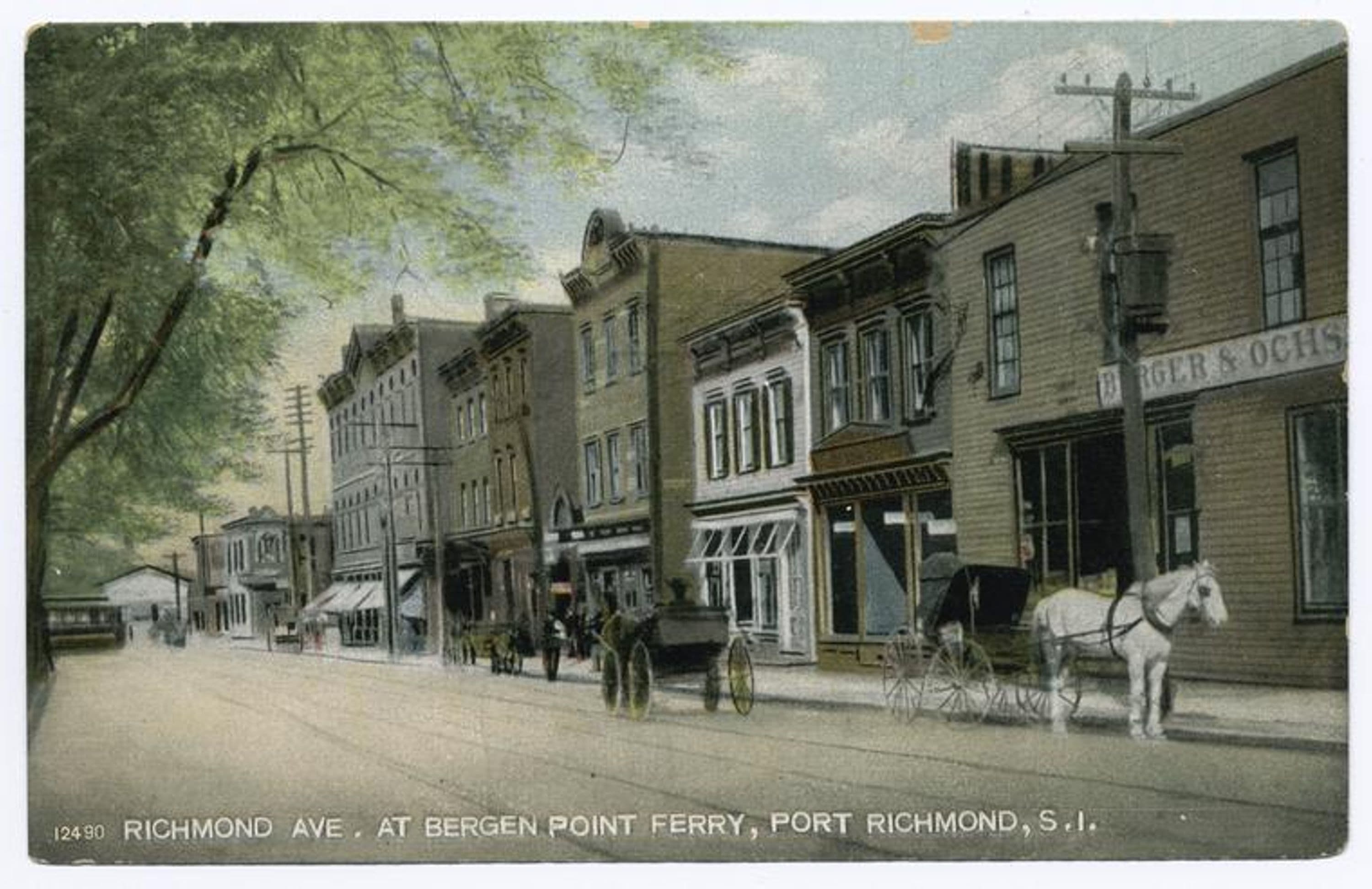 Richmond Ave. at Bergen Point Ferry, Port Richmond, Staten Island [ferry dock in distance, shops and old buildings along street with horse-drawn vehicles]