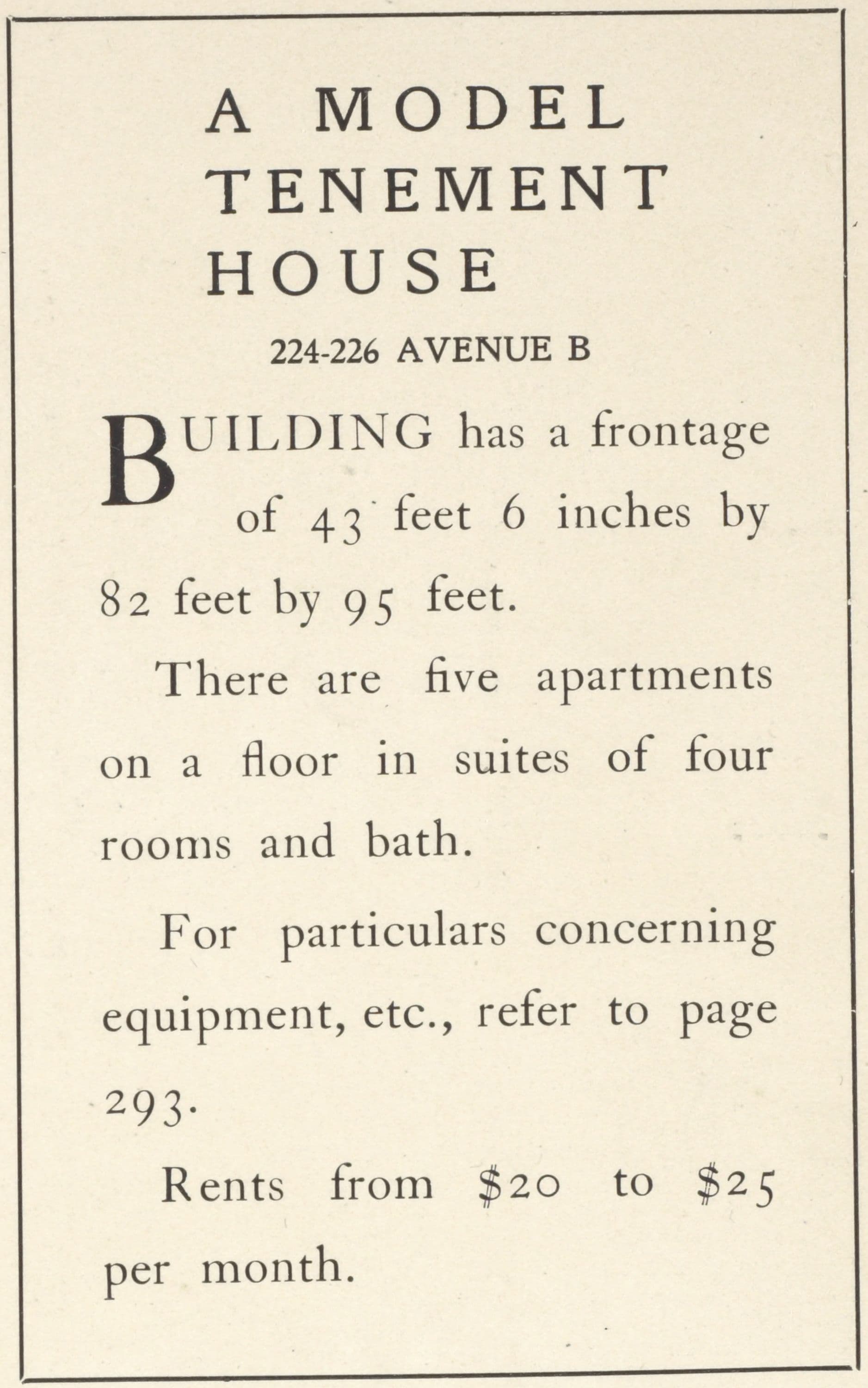 A model tenement house. 224-226 Avenue B; Plan of first floor; Plan of upper floors.