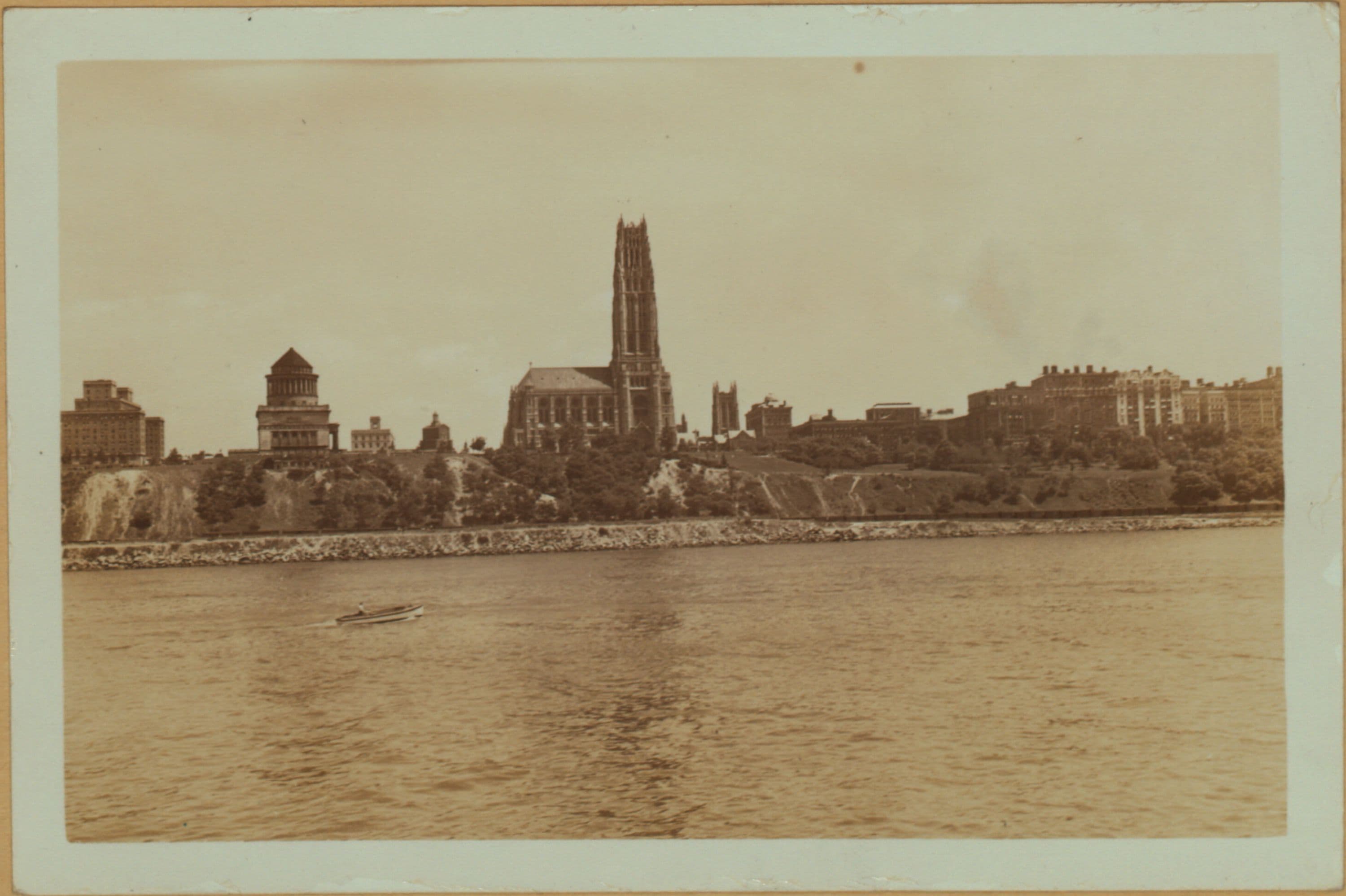 North (Hudson) River - Shore and skyline - Manhattan - 59th Street - George Washington Bridge - [Riverside Baptist Church - International House of Columbia University.]