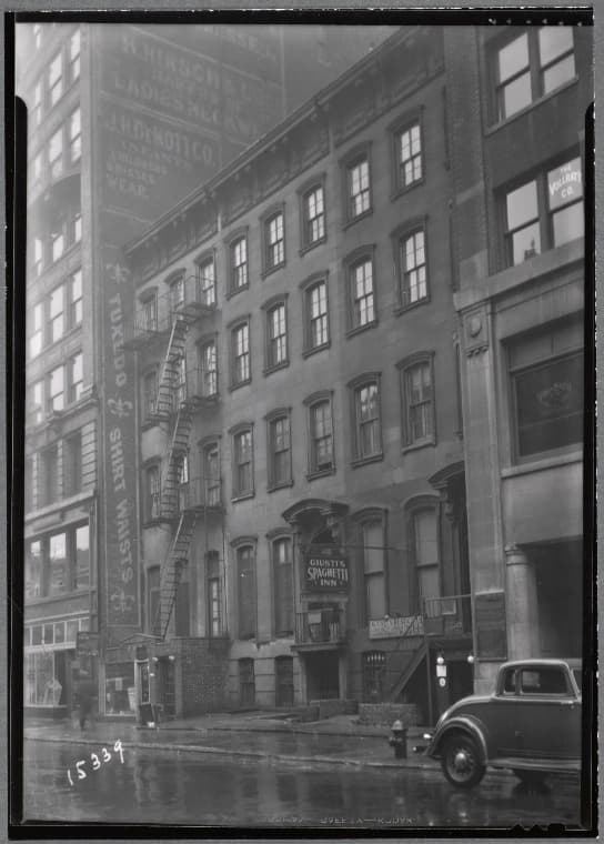 Brownstone row; Giusti's Spaghetti Inn: W. 16th St. - 6th Ave., Manhattan, 1936
