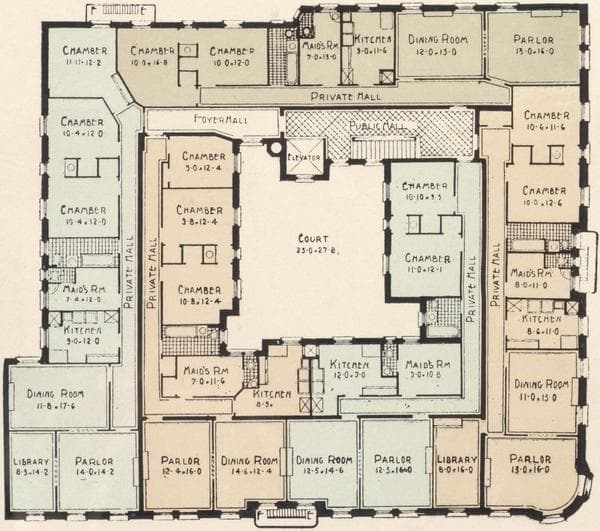 Washington Court, northeast corner Broadway and 143rd Street. Plan of first floor; Plan of upper floors., 1908