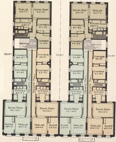 The Prescott and the Bancroft, 420 and 424 West 146th Street; Plan of first floor; Plan of upper floors., 1908