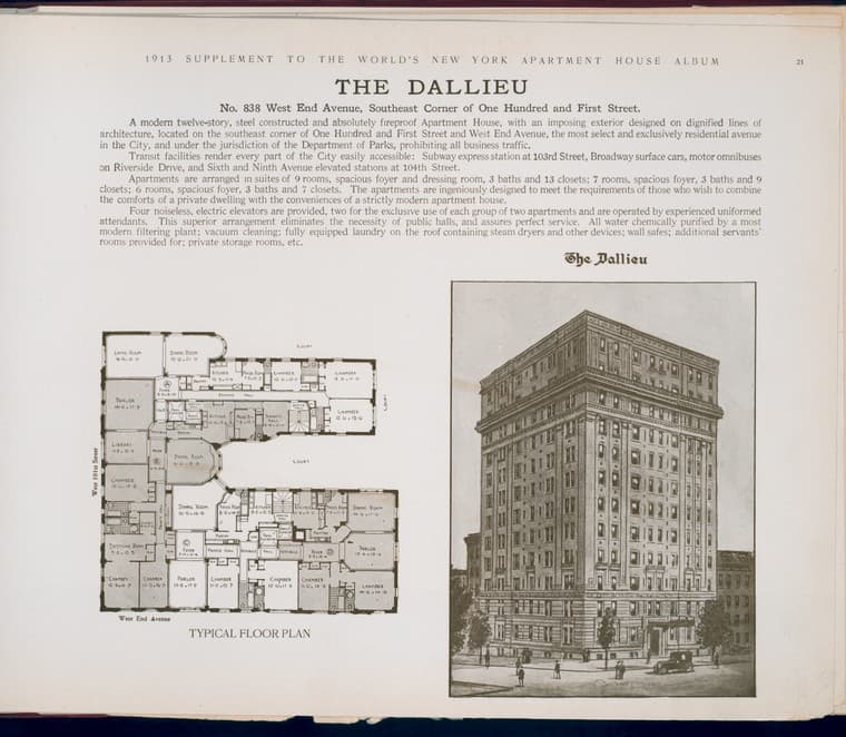 The Dallieu. No. 838 West End Avenue, Southeast Corner of One Hundred and First Street., 1913