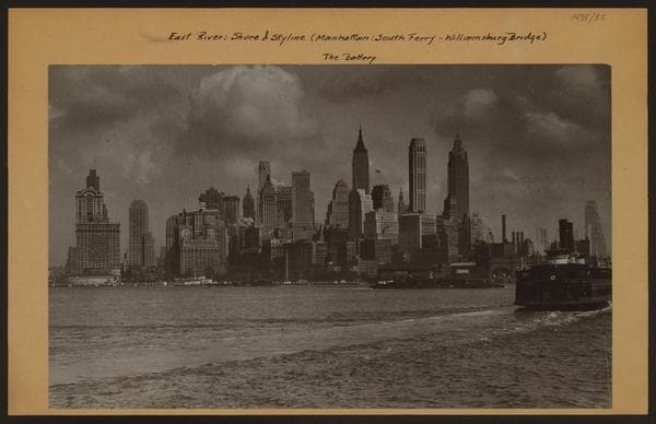 East River - Shore and skyline of lower Manhattan - South Ferry - Williamsburg Bridge., 1938