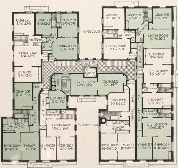 Fluri Apartments, northeast corner St. Nicholas Avenue and 177th Street. Plan of first floor; Plan of upper floors., 1909