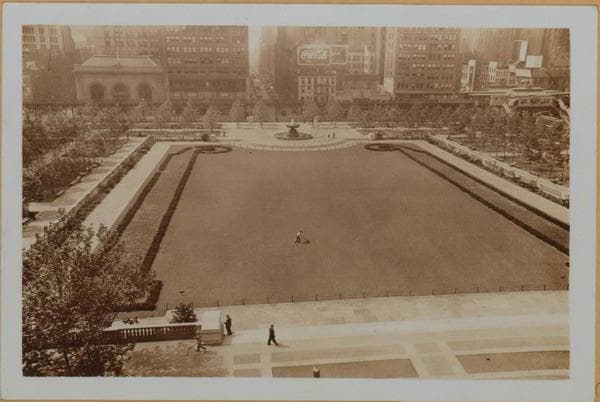 Manhattan: Bryant Park (Northwestern corner) - New York Public Library during reconstruction of the park under Commissioner Robert Moses., 1934–1935