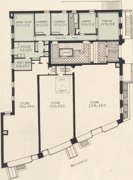 The Elizabeth, southwest corner Broadway and 105th Street; Plan of first floor; Plan of upper floors., 1908