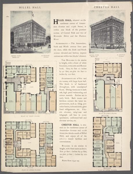 Hillel Hall, northwest corner Amsterdam Avenue and 109th Street; Plan of first floor; Plan of upper floors; Chester Hall, northwest corner Amsterdam Avenue and 107th Street; Plan of first floor; Plan of upper floors., 1908