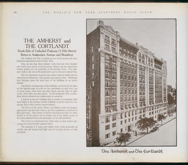 The Amherst and The Cortlandt. South Side of Cathedral Parkway (110th Street), between Amsterdam Avenue and Broadway., 1910-03