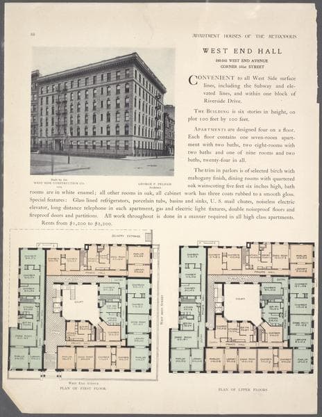 West End Hall, 840-848 West End Avenue, corner 101st Street; Plan of first floor; Plan of upper floors., 1908