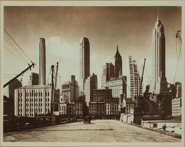 East River - shore and skyline ; South ferry ; Williamsburg bridge., 1932