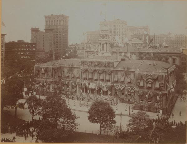 Manhattan: City Hall Park - City Hall in gala dress for a celebration., 1895
