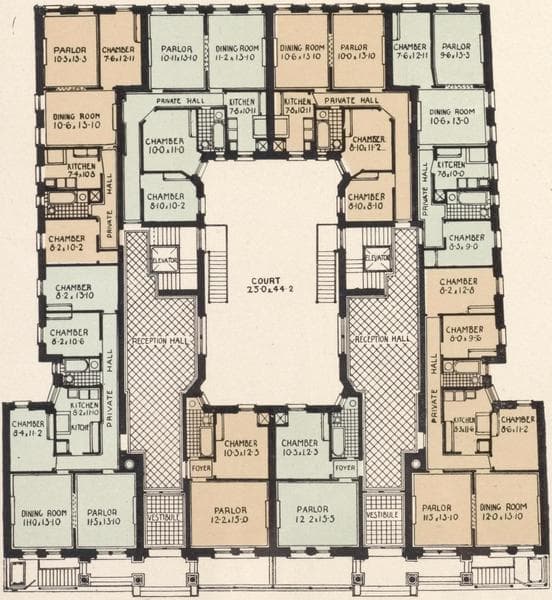 The Nonpariel and Montvale, 83-89 St. Nicholas Place; Plan of first floor; Plan of upper floors., 1908